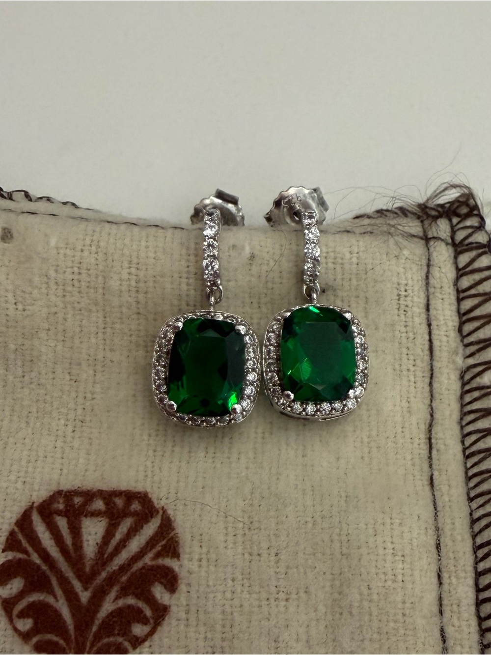Green Crystal Drop Earrings with Silver Halo